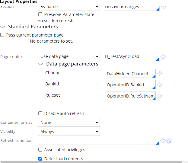 Section settings of deferred load section