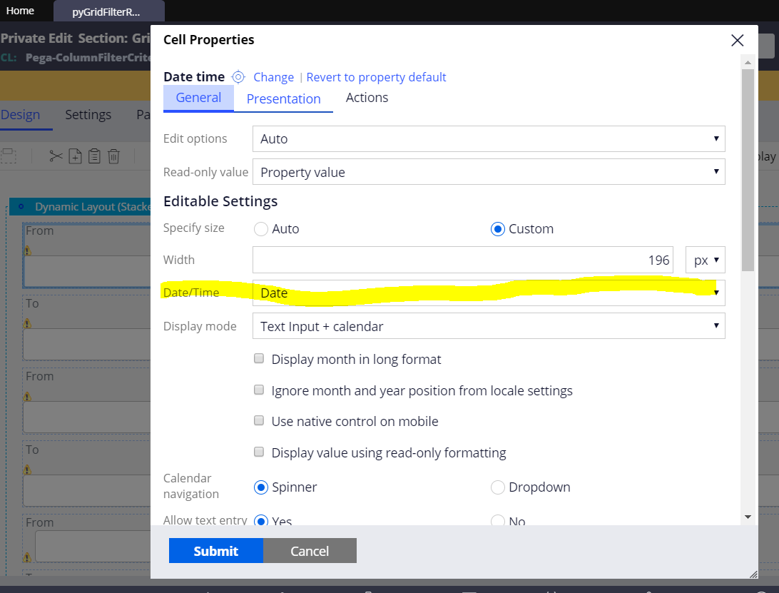 For the To and From properties, change the presentation to Date for both Date and DateTime type