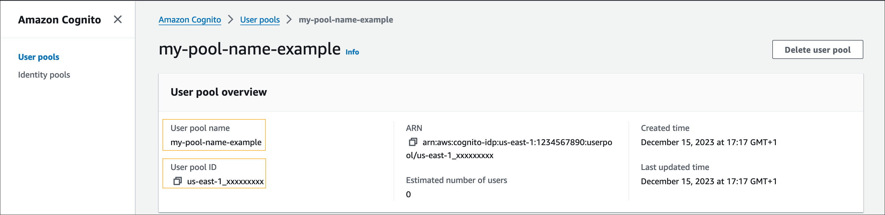 User pool name and User pool ID values.