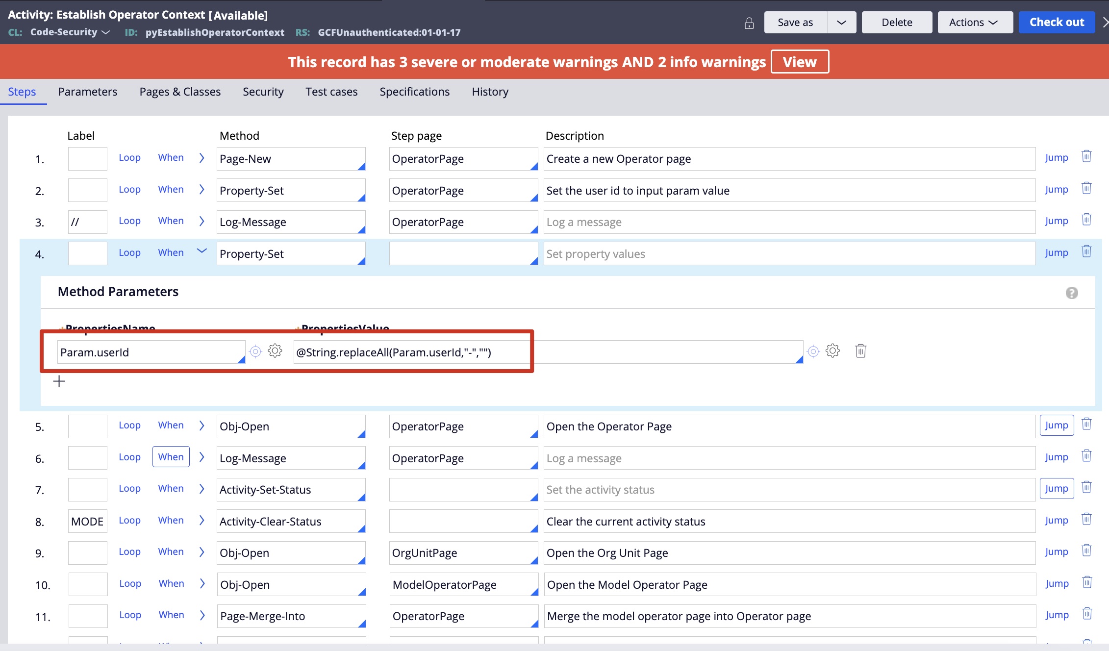 Configuration page of the activity